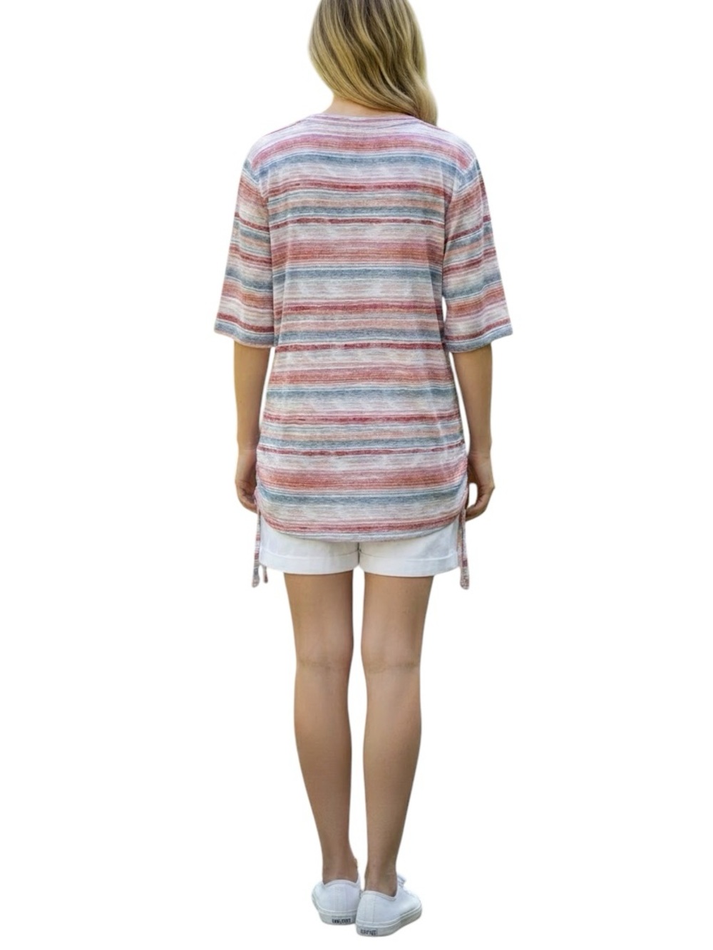 Democracy Pink Blue White Stripes Knit Top Short Sleeves Drawstring Sides, L - Picture 3 of 12